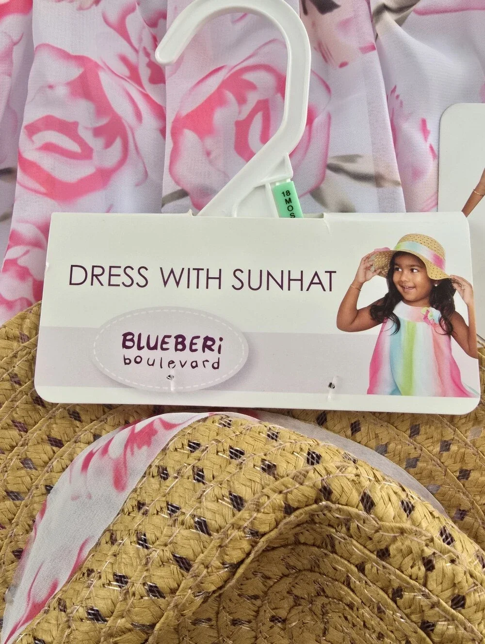 Blueberi Baby Girls Pink Rose Floral Ruffle Dress with Matching Sun Hat Size 18M